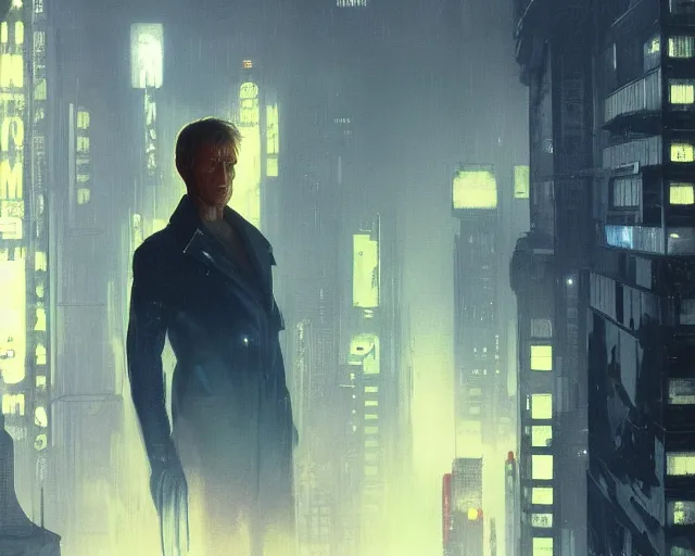 Image similar to 2 0 1 8 blade runner movie young man young clint eastwood in his youth look at the cityscape from roof perfect face fine realistic face pretty face reflective polymer suit tight neon puffy jacket blue futuristic sci - fi elegant by denis villeneuve tom anders zorn hans dragan bibin thoma greg rutkowski ismail inceoglu illustrated sand storm alphonse mucha