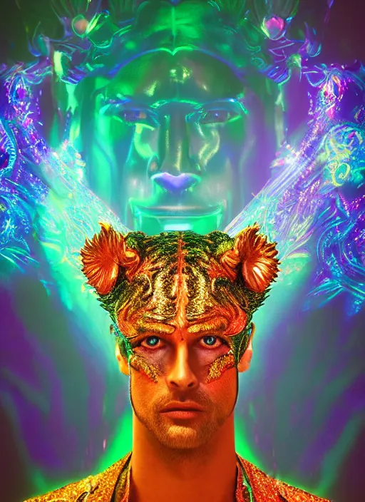 Image similar to photo of baroque and bladerunner delicate neon emerald sculpture of seductive king william levy tigers orange iridescent humanoid deity wearing metallic jungle leaves holding the sun prismatic dungeon, glowing rainbow face, crown of white diamonds, cinematic lighting, photorealistic, octane render 8 k depth of field 3 d