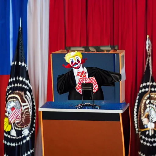 Prompt: string puppet of a president with clown makeup in a podium and a human shadow behind