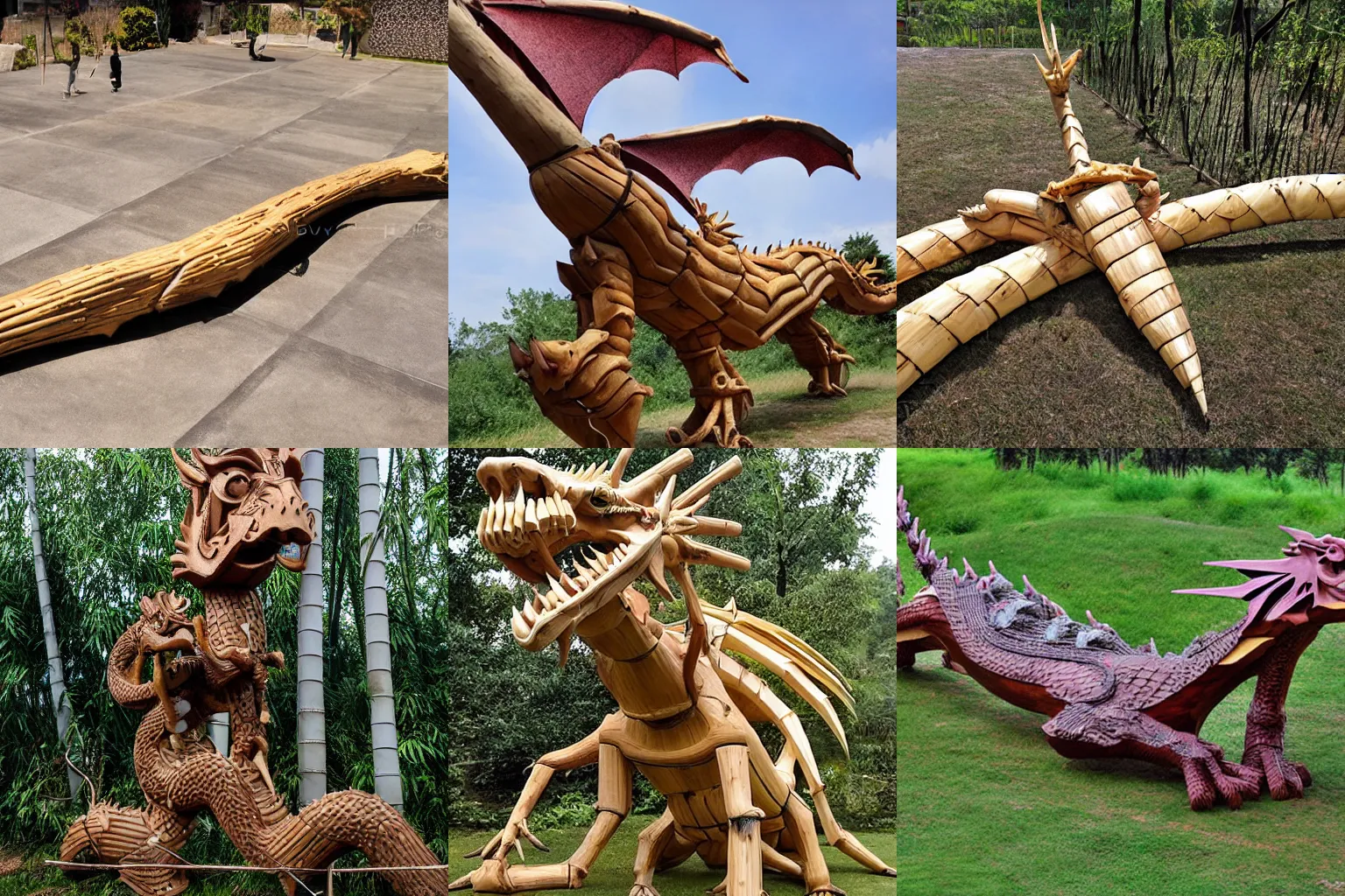 Prompt: a dragon, made of bamboo, wood that is almost like bone, prehistoric grass platform, realist, photo