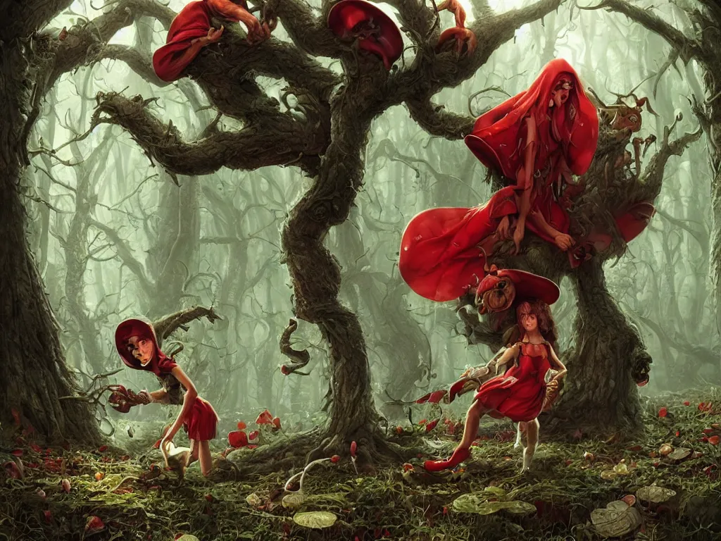 Image similar to Drunk mad mushroom-werewolf engaged in the social adaptation of little red riding hood. Photorealistic, lifelike, Unreal Engine, sharp, detailed, 8K, by Gerald Brom, Dan Mumford, Stephan Martiniere