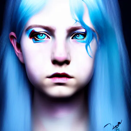 Image similar to The dragon girl portrait, portrait of young girl half dragon half human, dragon girl, dragon skin, dragon eyes, dragon crown, blue hair, long hair, highly detailed, cinematic lighting, Matte painting by David Lynch