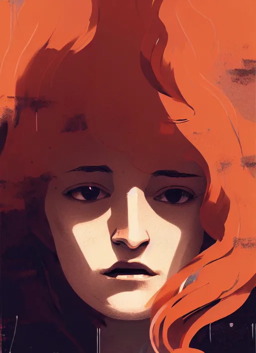 Prompt: highly detailed closeup portrait of beautiful moody grace gummer as dom dipierro, wavy ginger hair, by atey ghailan, by greg rutkowski, by greg tocchini, by james gilleard, by joe fenton, by kaethe butcher, gradient orange, black and white color scheme, grunge aesthetic!!! ( ( graffiti tag wall background ) )