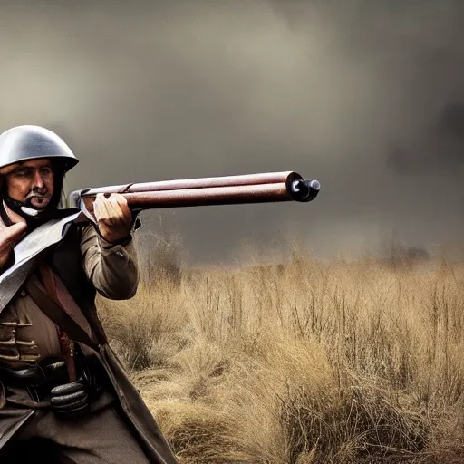 Prompt: Photo of a man wearing a combat helmet on his head aiming a musket, postapocalyptic