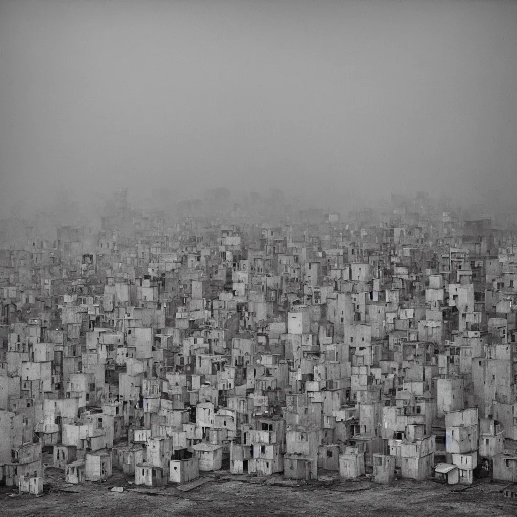 Image similar to towers made up of densely stacked makeshift squatter shacks with pastel colours suspended over a quagmire, plain uniform sky at the back, misty, mamiya, ultra sharp, very detailed, photographed by man ray