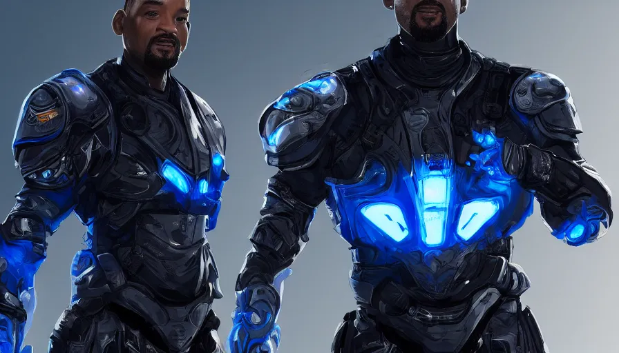 Prompt: will smith in futuristic black armor with blue lights in it, white background, hyperdetailed, artstation, cgsociety, 8 k