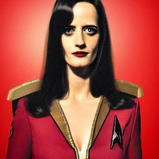 Image similar to a full body portrait of eva green as a vulcan star fleet officer from star trek next generation dressed in full uniform, ultra rendered extreme realism and detail, 8 k, highly detailed, realistic, completely framed, hyper realistic, colorful, direct lighting, 3 5 mm photo, photorealistic, sharp focus