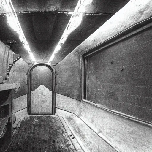 Prompt: year 1930, inside an empty ussr submarine, light beams coming from holes in metal walls, photorealism 8k , high details, neat