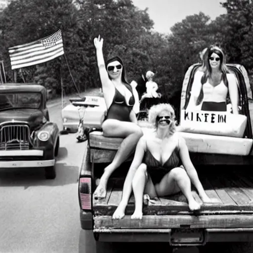 Image similar to photo of woman in the back of a pickup truck wearing bikinis drinking beer waving the american flag. sigmund freud is also in the back.