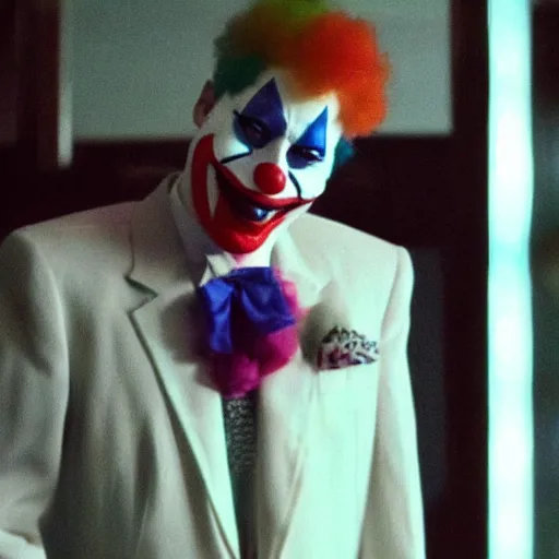 Image similar to blurry film still of a man wearing a suit and a latex mask of a clown from the dark knight's bank robbery scene