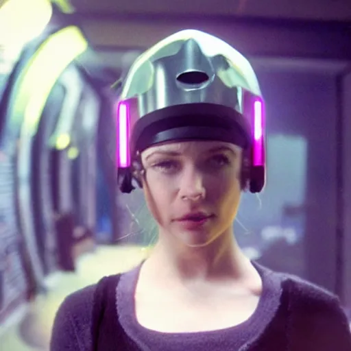 Image similar to movie still of a girl with a cyborg plants helmet, cinematic composition, cinematic light, by edgar wright and david lynch