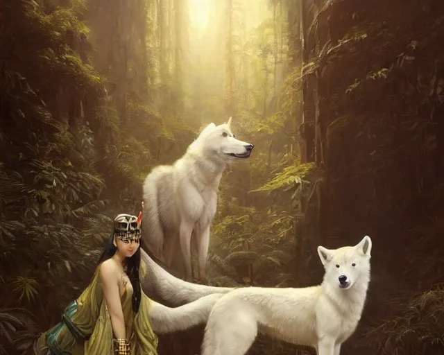 Prompt: 5 5 mm portrait photo of sensual cleopatra with her pet white wolves. magical atmosphere. art by greg rutkowski. highly detailed 8 k. intricate. lifelike. soft light. ilya kuvshinov and jeremy lipking and quentin mabille, light novel cover art, 3 d epic illustrations, symmetric body,