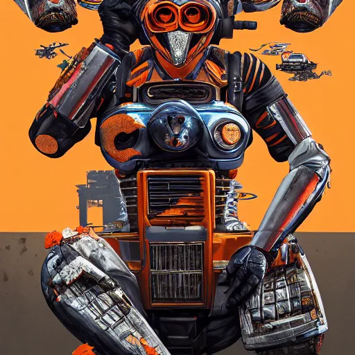 Image similar to a portrait of a monster, in an orange racing helmet by sandra chevrier, detailed render, epic composition, cybernetics, 4 k realistic, cryengine, realistic shaded lighting, sharp focus, masterpiece, by matteo scalera, gary montalbano, peter elson in the style of the tokyo ghost comic