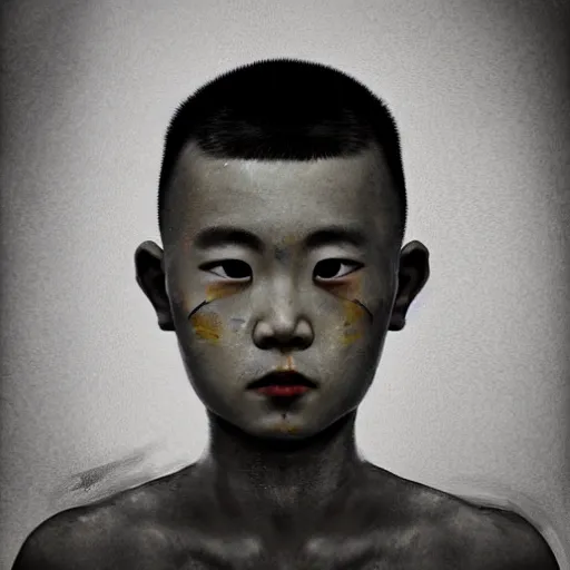 Image similar to dramatic portrait of chinese boy buzz cut, battle damaged, digital painting