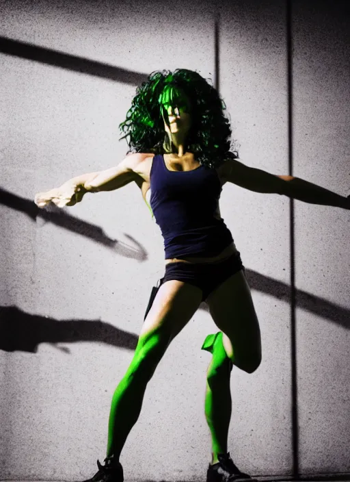 Prompt: a photo of she hulk by lara jade, crossfit, dramatic pose, dramatic lighting, 7 5 mm lens, sharp focus.