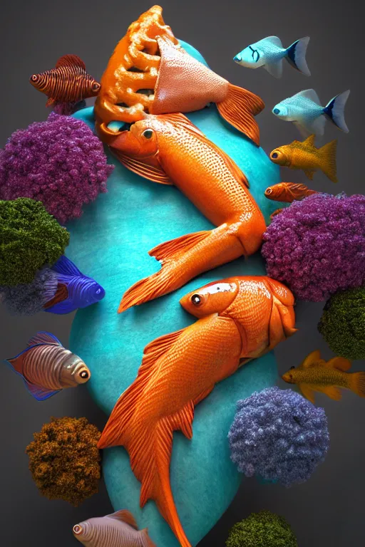 Image similar to a sculpture of fish ocean intertwined, diode lighting, a lovely cornucopia of flowers and human body parts, body parts, highly detailed, octane render, cinematic, sharp focus, clean, studio lighting