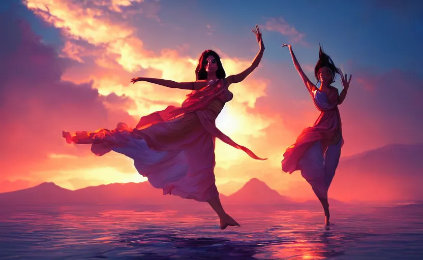 Image similar to Himalayan woman dancing on water, tropical sci fi fashion, sunset, dramatic angle, dynamic pose, 8k hdr pixiv dslr photo by Makoto Shinkai ilya kuvshinov and Wojtek Fus