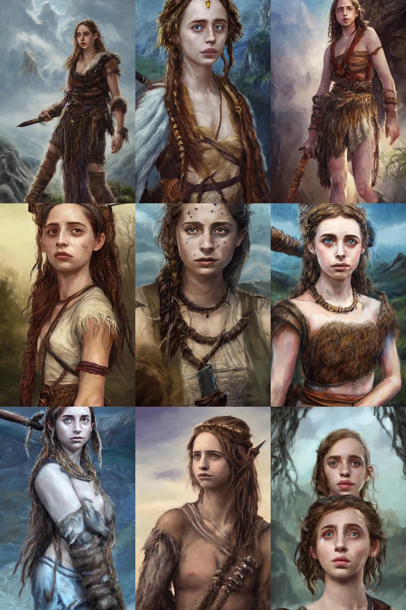 Image similar to a full body high detail fantasy portrait oil painting illustration of maya hawke as a beautiful young rugged stoic barbarian woman by justin sweet with face and body clearly visible, in a scenic background, pupils visible, realistic proportions, d & d, rpg, forgotten realms, artstation trending, high quality, sombre mood, artstation trending, muted colours, entire person visible!