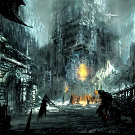 Image similar to dark souls fromsoft by yoji shinkawa, fantasy landscape, concept art