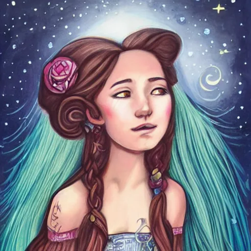 Prompt: Street art. A beautiful illustration of a young girl with long flowing hair, looking up at the stars. She appears to be dreaming or lost in thought. by Tim Shumate, by Carsten Meyerdierks elaborate, precise