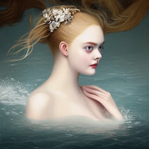 Prompt: Painting of Elle Fanning underwater, long blonde hair, delicate, pale milky white porcelain skin, Rococo. 8K. Extremely detailed.