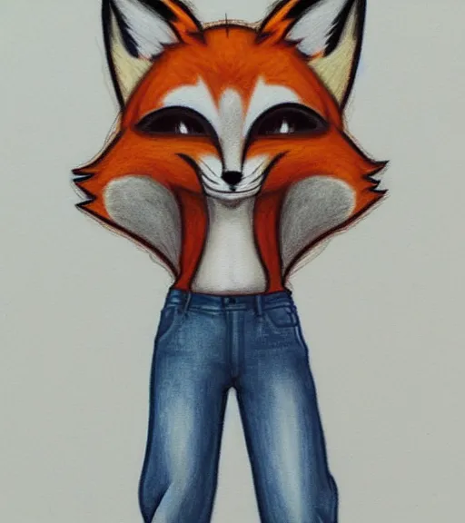 Prompt: expressive stylized master furry artist digital colored pencil painting full body portrait character study of the fox fursona animal person wearing clothes jacket and jeans by master furry artist blotch