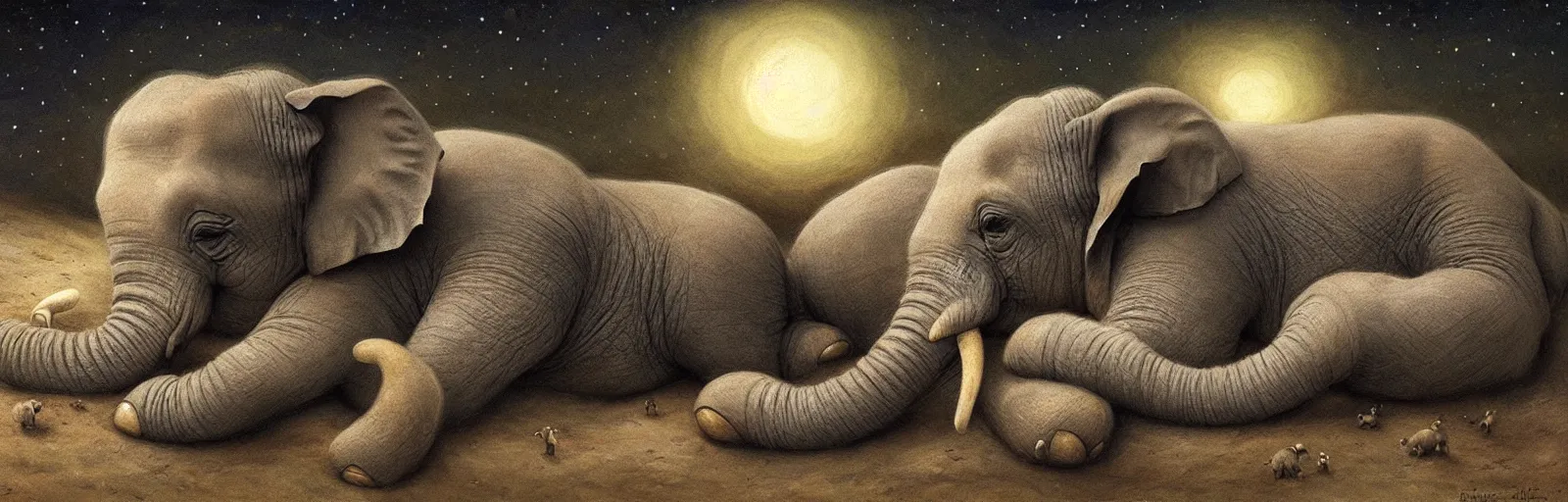 Image similar to a baby elephant sleeping soundly under a starry sky surrounded by savannah, illustration, detailed, smooth, soft, warm, by Adolf Lachman, Shaun Tan, Surrealism