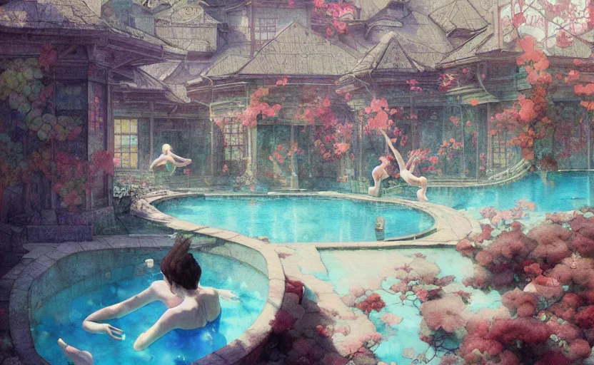 Prompt: swimming pool, fantasy. intricate, amazing composition, colorful watercolor, by ruan jia, by maxfield parrish, by marc simonetti, by hikari shimoda, by robert hubert, by zhang kechun, illustration, gloomy