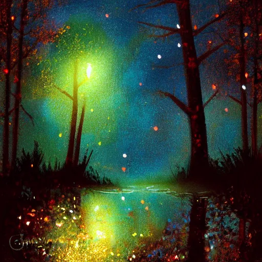 Image similar to a glowing magical sparkling swamp, firefly, dark, night, peaceful, digital painting.