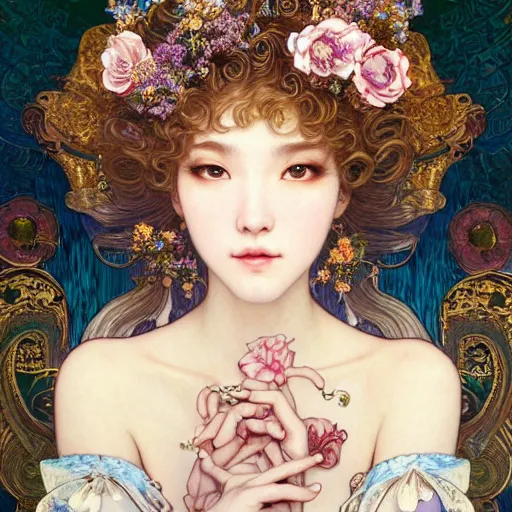 Prompt: a masterpiece ultrarealistic ultradetailed portrait of beautiful love, jewelry genius, witch girl on vintage flea market baroque renaissance. medium shot, intricate, elegant, by stanley artgerm lau, wlop, alphonse mucha, rossdraws, andrei riabovitchev, yoshitaka amano. flower background my james jeand and takashi murakami.