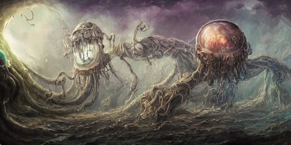 Image similar to concept art of giant translucent glowing jellyfishes, renaissance, divers helmet, lots of teeth, melting horror, round moon, rich clouds, fighting the horrors of the unknown, mirrors, very detailed, volumetric light, mist, grim, fine art, decaying, textured oil over canvas, epic fantasy art, very colorful, ornate, anato finnstark