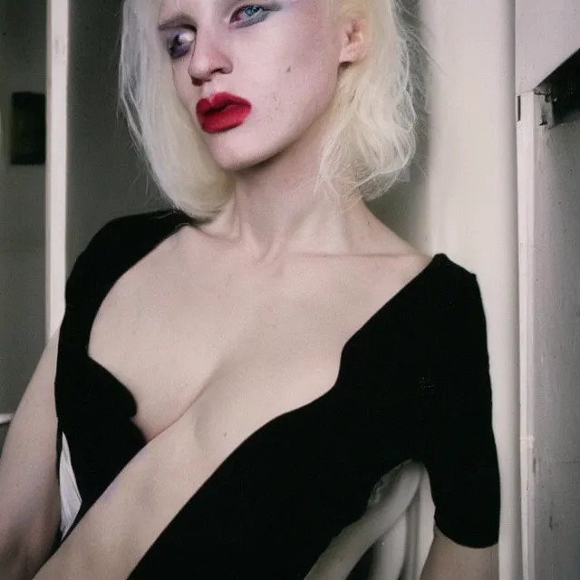 Image similar to a color photograph of a non binary model, platinum blonde, by nan goldin, intense, bold, hyperrealistic, ultra sharp, extra details, ultra high quality, trending on pinteresst