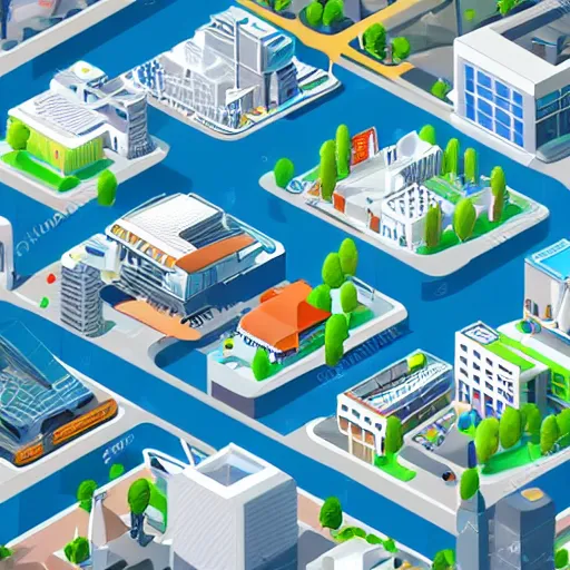 Image similar to isometric low poly city landscape of a lush and bright futuristic city, full of white buildings and futuristic cars, bright blue sky