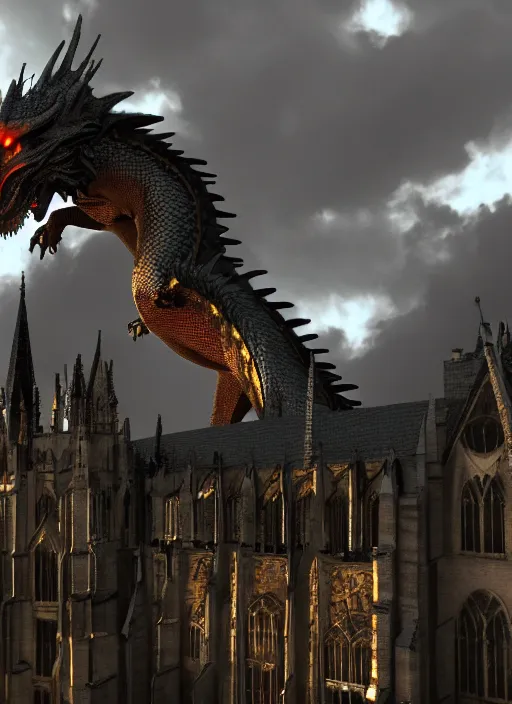 Image similar to a dragon perches atop a cathedral, menacing black dragon, cinematic, volumetric lighting, physically based render