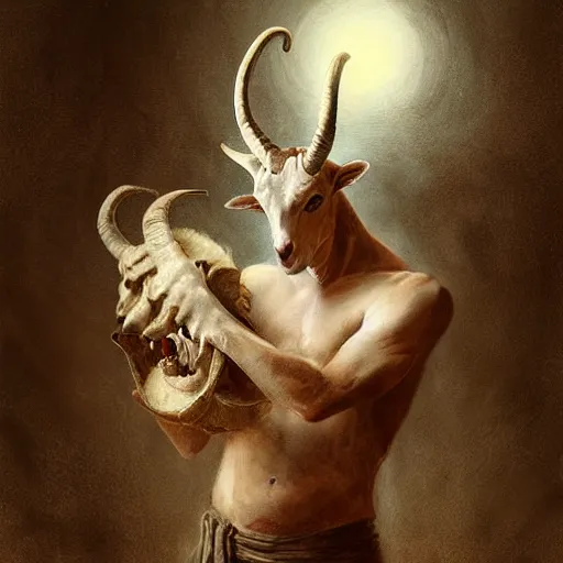 Image similar to man with goat horns holding an animal skull, style of da vinci, fantasy illustration, by greg rutkowski