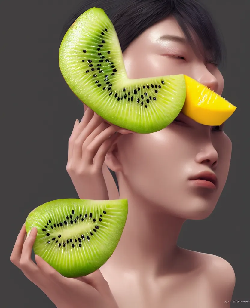 Image similar to goddess close - up yougurt girl, mango fruit, kiwi fruit, mango fruit bioluminiscent, intricate artwork by tooth wu and wlop and beeple. octane render, trending on artstation, greg rutkowski very coherent symmetrical artwork. cinematic, hyper realism, high detail, elegant, octane render, 8 k