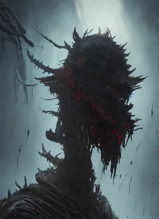 Image similar to A portrait of a horrific creature by Greg Rutkowski, Sung Choi, Mitchell Mohrhauser, Maciej Kuciara, Johnson Ting, Maxim Verehin, Peter Konig, Bloodborne , 8k photorealistic, cinematic lighting, HD, high details, dramatic, atmospheric , trending on artstation