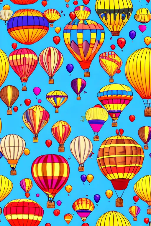 Image similar to seamless pattern of hot air balloons in beautiful sky, colourful, symmetrical, repeating 35mm photography, ultra fine detail, 4k high definition, bold