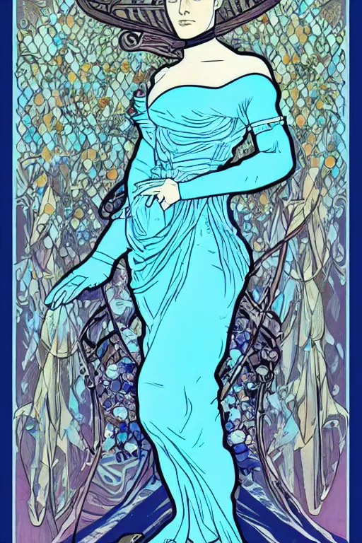 Prompt: delores from westworld in blue dress as a goddess of cyborg in alfons mucha style