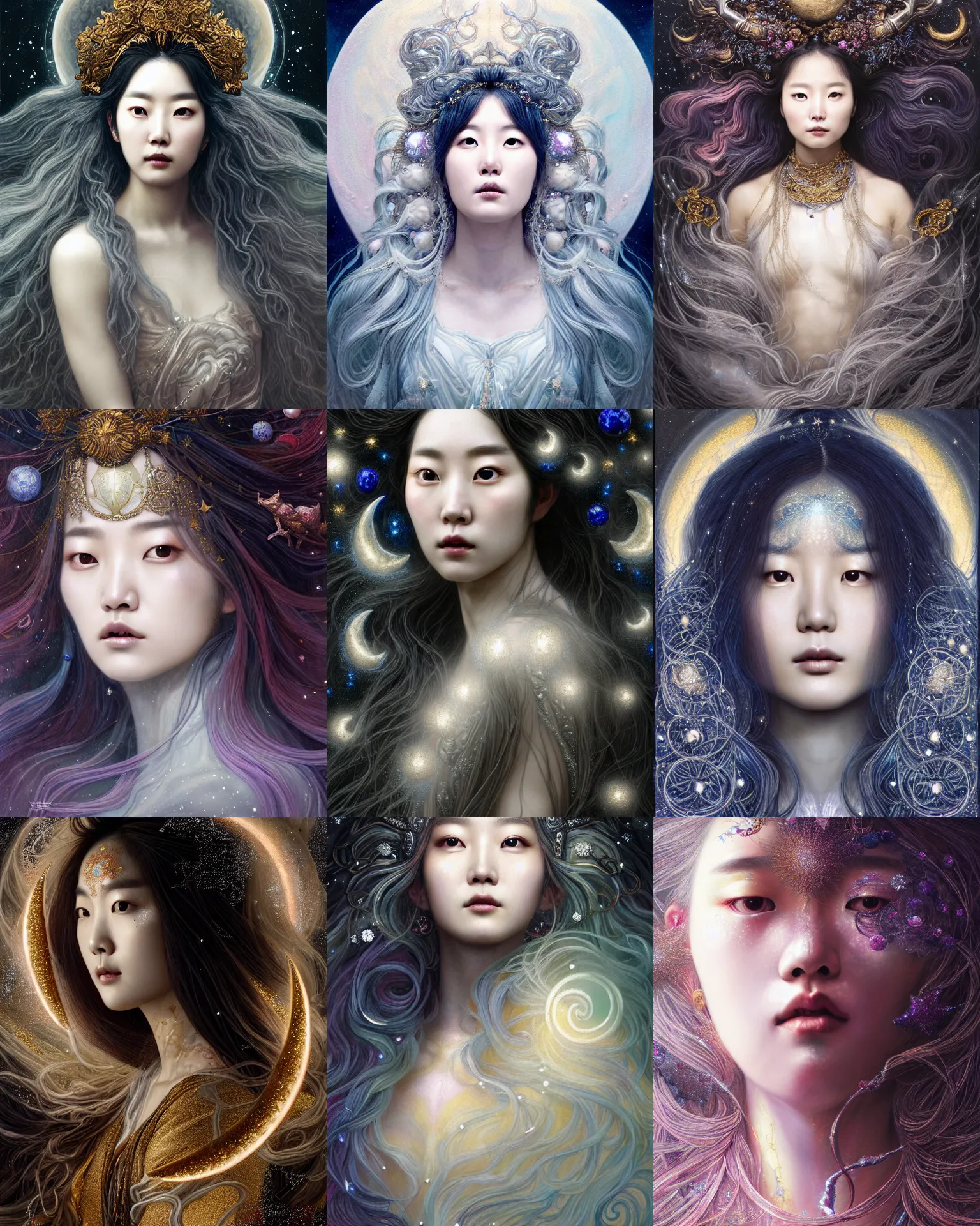 Prompt: baroque neoclassicist closeup portrait of lee jin - eun as a beautiful moon goddess with stars in her flowing hair, reflective detailed textures, glittering multiversal ornaments, dark fantasy scifi painting by yoann lossel + martine johanna dramatic lighting, gleaming silver and soft rich colors