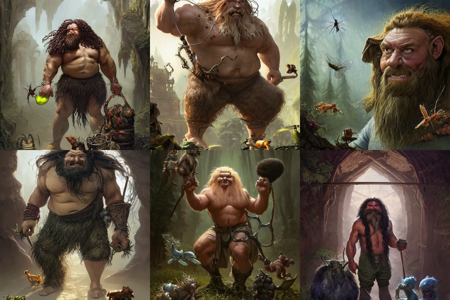 Prompt: a muscular troll groundskeeper surrounded by his insect pets, wearing dirty travelling clothes, similar to Hagrid, D&D, fantasy, intricate, cinematic lighting, highly detailed, digital painting, artstation, concept art, smooth, sharp focus, illustration, art by Artgerm and Greg Rutkowski and Alphonse Mucha