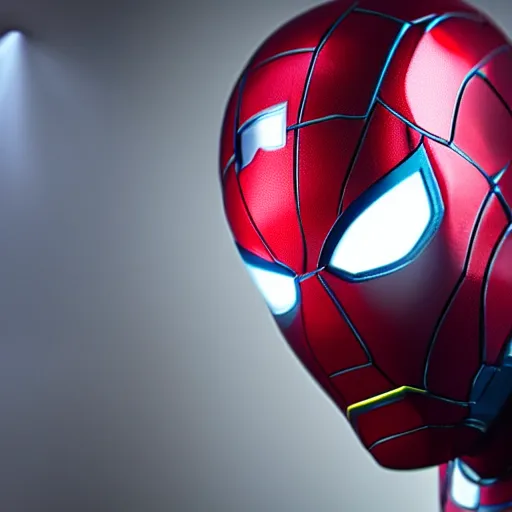 Prompt: a single iron man and spider - man hybrid, dslr, polaroid, cinematic, volumetric lighting