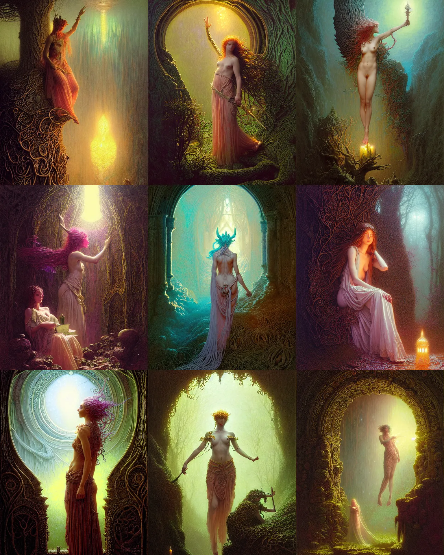 Prompt: surreal study of the fae, mysterious, female, a meeting with the lord, intricate details, bright side lighting, colorful and pastel, highly detailed by greg rutkowski, michael whelan and gustave dore