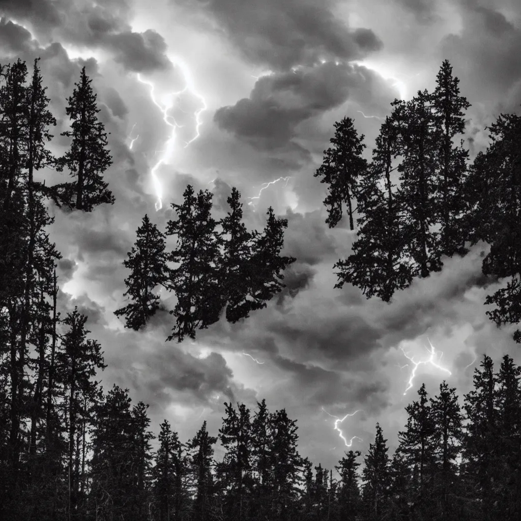 Prompt: god of thunder in the middle of a huge dark electric storm cloud above dark spruce forest, black metal aesthetics, dark atmosphere, black and white photo