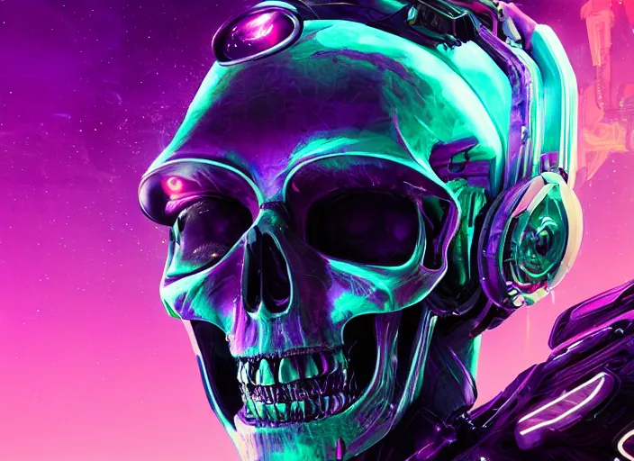 Image similar to a futuristic skull with glowing eyes and a purple background, cyberpunk art by android jones, behance contest winner, computer art, darksynth, synthwave, rendered in cinema 4 d