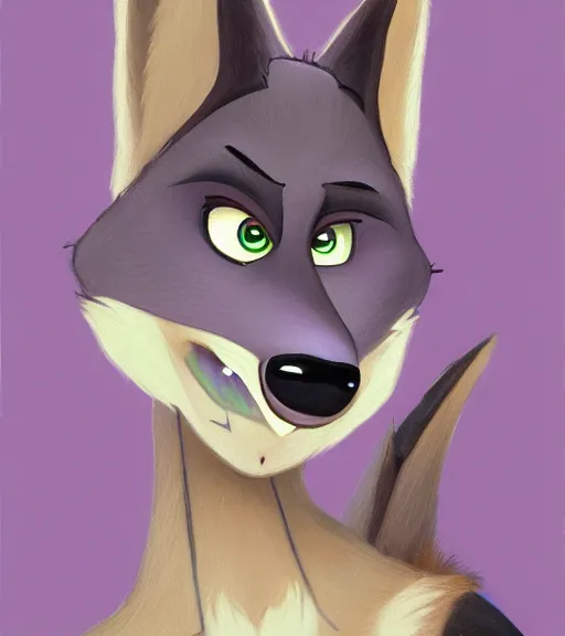 Image similar to oil painting of anthromorphic female wolf, in style of zootopia, zootopia, zootopia, fursona, furry, furaffinity, 4 k, deviantart, furry art, fursona art, wearing black business suit, business suit, in style of zootopia, wolf fursona, cyberpunk, female, expressive detailed feminine face,