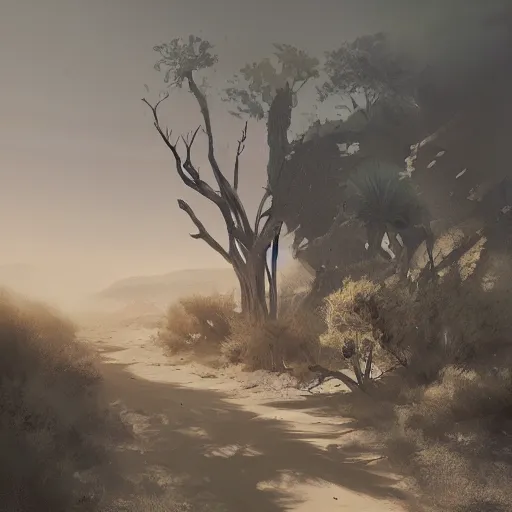 Image similar to a door in the desert leads to forest on the other side, dramatic lighting, illustration by greg rutkowski, yoji shinkawa, 4 k, digital art, concept art, trending on artstation