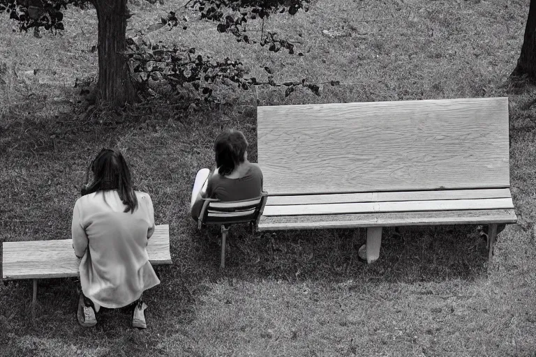 Image similar to A photograph of two benches in a clearing, a woman sitting on one of the benches reading a book, looking down from above,black and white photo.ISO200,F4.5,80mm,1/30,Nikon D3.