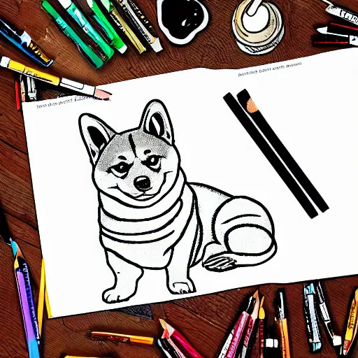 Image similar to Shiba Inu coloring book page, black and white