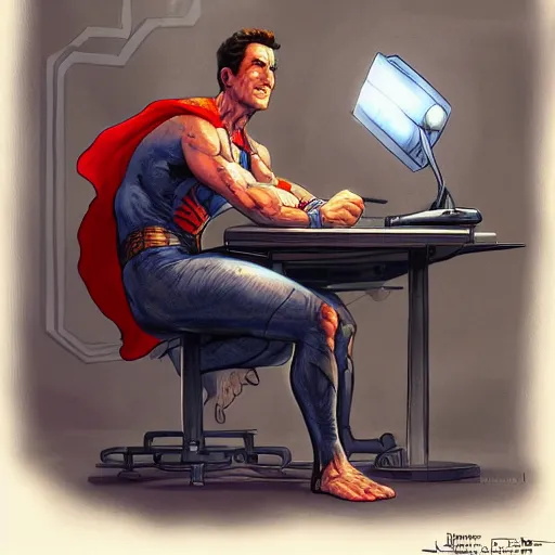 Image similar to an insanely detailed painting of jeff probst wearing a superhero costume sitting at a desk, staring nervously at a computer and typing, in the style of peter mohrbacher, dramatic lighting and composition, trending on artstation, concept art, comic book